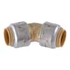 Brass 45-degree elbow fitting with push-connect ends, 1/2 inch connections on both sides.