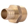 Brass male connector fitting with crimp and threaded ends for 1 inch piping.