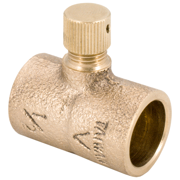 Brass sweat drain coupling with 3/4" socket connection and integral valve with knurled cap.