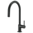 Matte black pull-down faucet with curved arc spout and single handle lever.