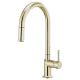 Polished nickel pull-down kitchen faucet with curved arc spout and single lever handle.