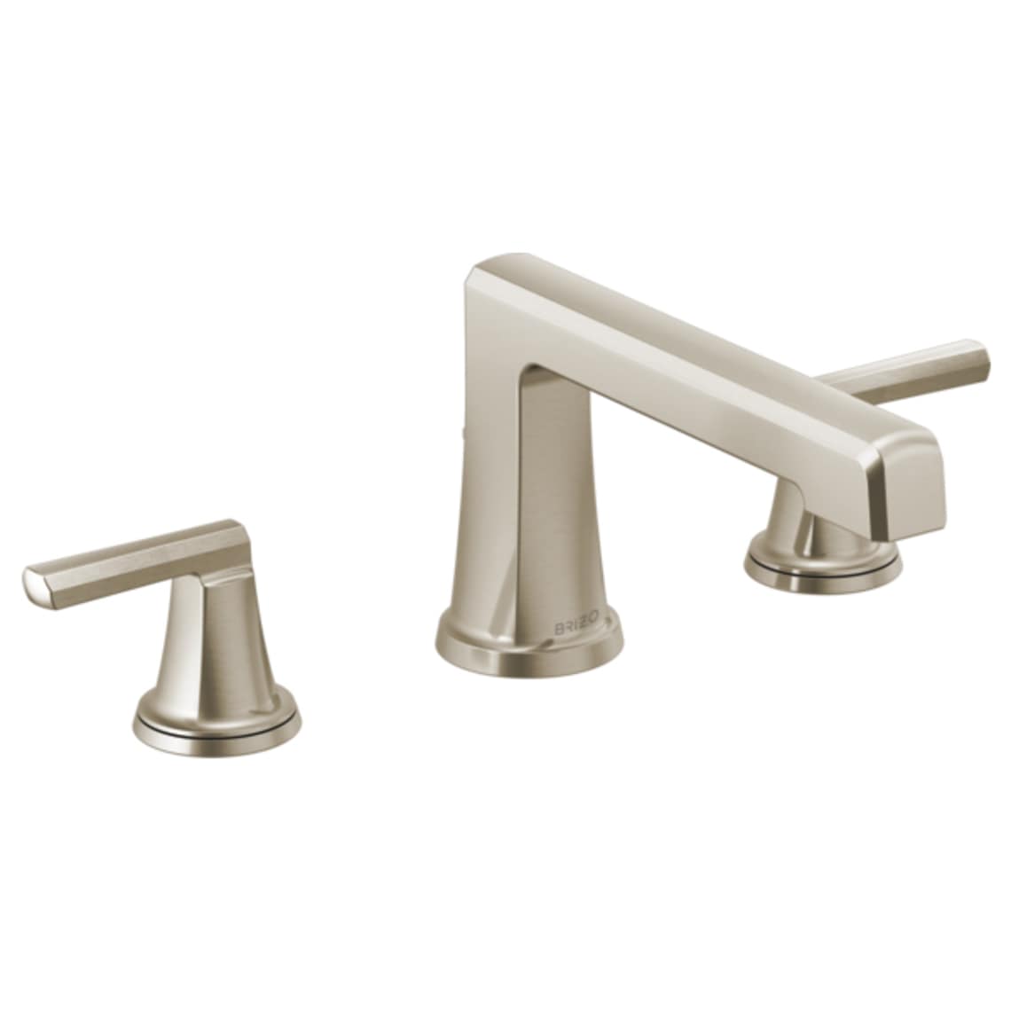Brushed nickel three-piece Roman tub faucet with single-lever handles on each side and arched spout.