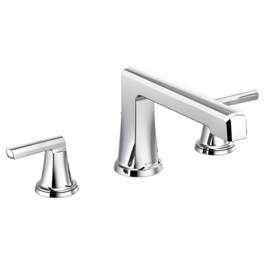 Chrome roman tub faucet with two lever handles and curved spout in polished finish.