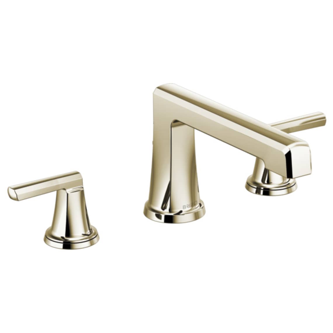Polished nickel three-piece roman tub faucet with two lever handles and curved spout.