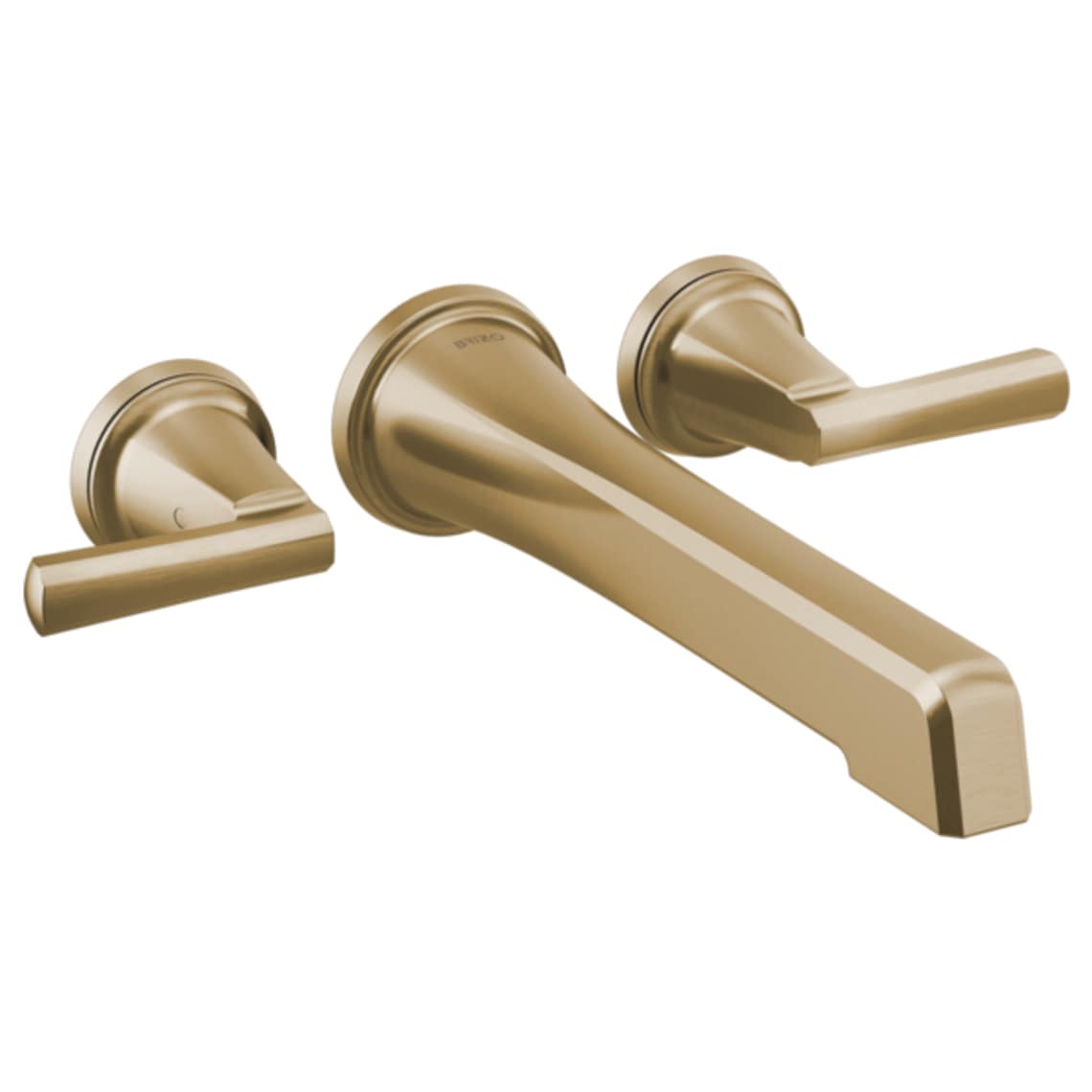 Luxe gold wall-mount tub filler with elongated spout and two lever handles on circular rosettes.