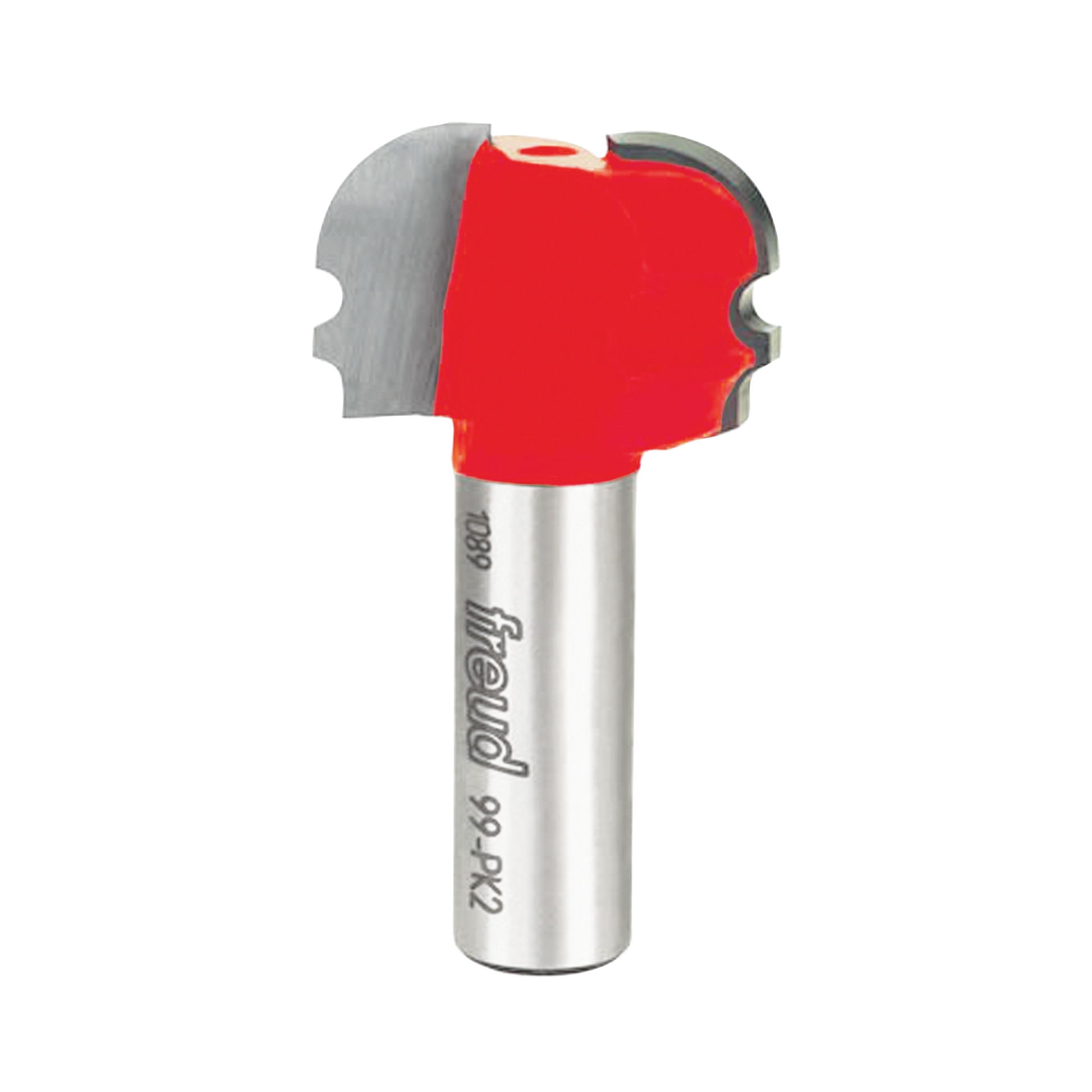 Freud router bit with red plastic coating and multi-profile cutting head on silver metal shank.