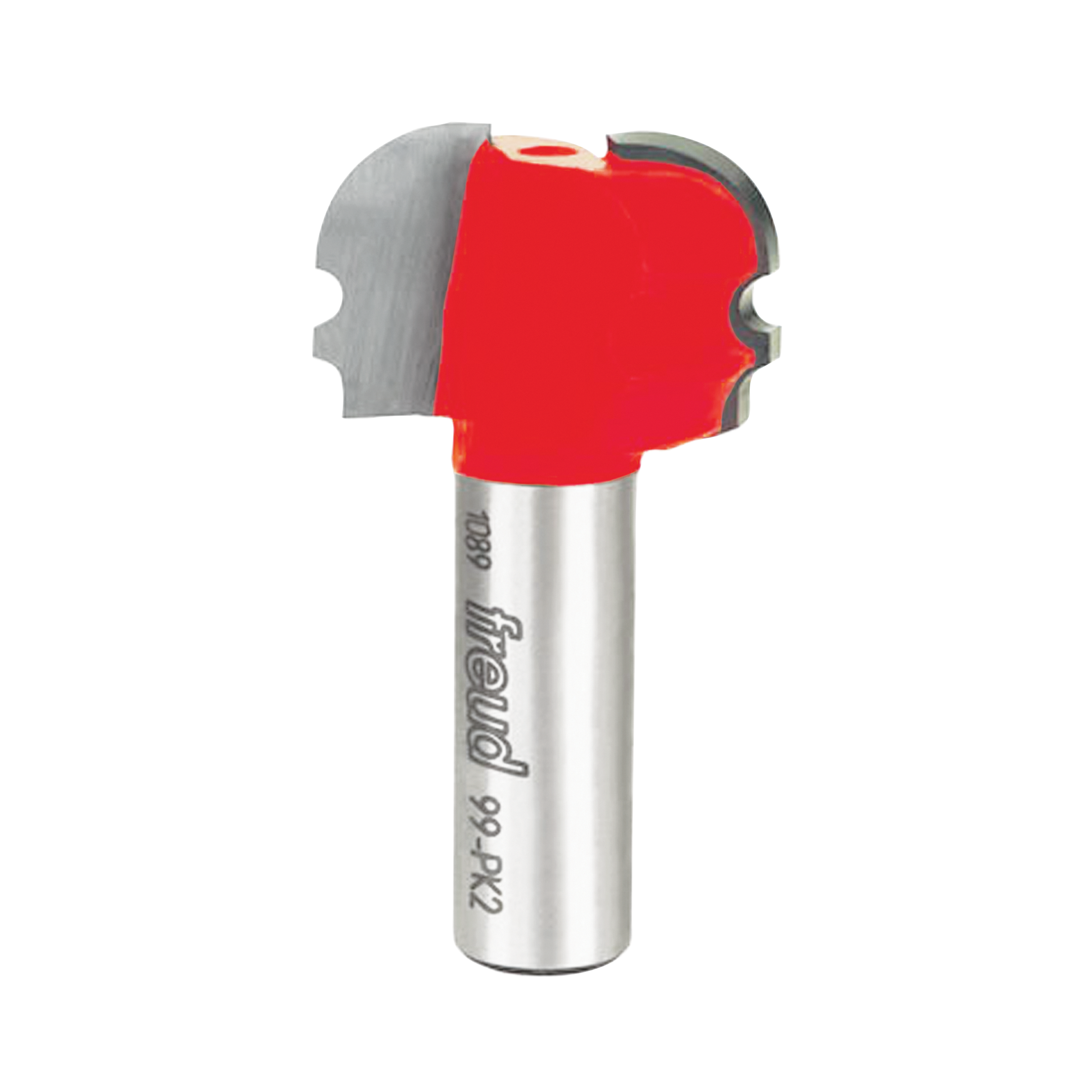 Freud router bit with red plastic coating and multi-profile cutting head on silver metal shank.