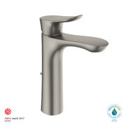 Polished chrome single-handle bathroom sink faucet with curved spout and tall cylindrical body.