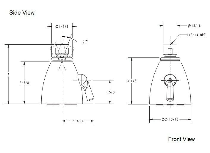 Satin nickel showerhead with six nozzles shown in side and front technical drawings with dimension measurements.