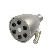Satin nickel showerhead with six black nozzles arranged in circular pattern and rotational adjustment lever.