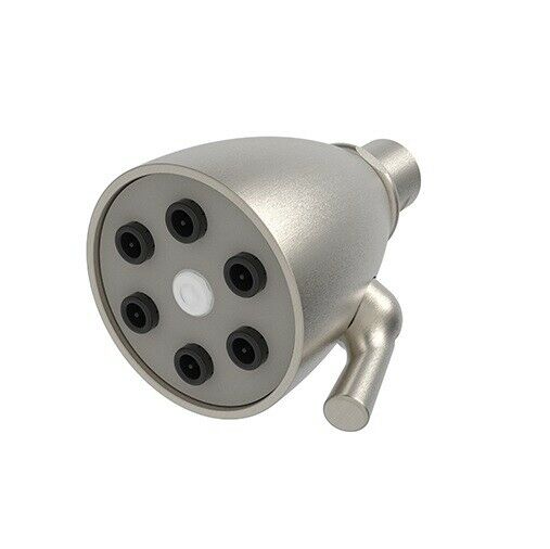 Satin nickel showerhead with six black nozzles arranged in circular pattern and rotational adjustment lever.