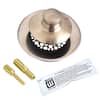Brushed nickel tub stopper assembly with grid strainer, adapter pins, and adhesive components displayed on white background.