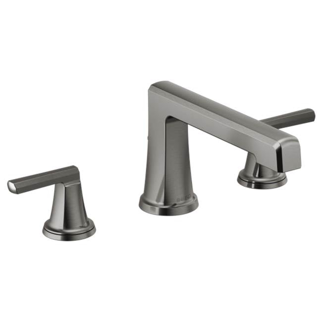 Brushed nickel three-piece roman tub faucet with lever handles and curved spout.