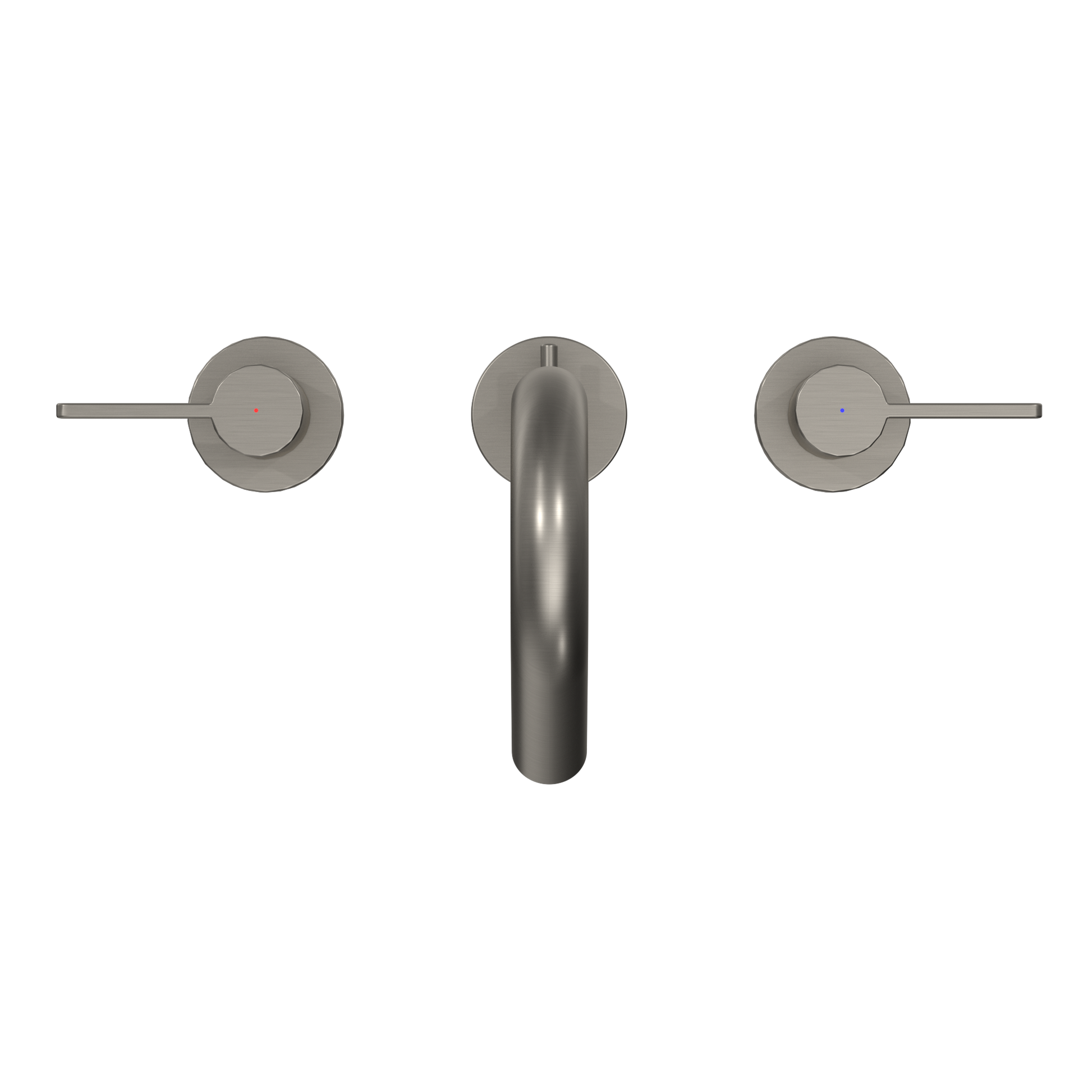 Brushed nickel widespread bathroom faucet with central curved spout and two circular lever handles on either side.