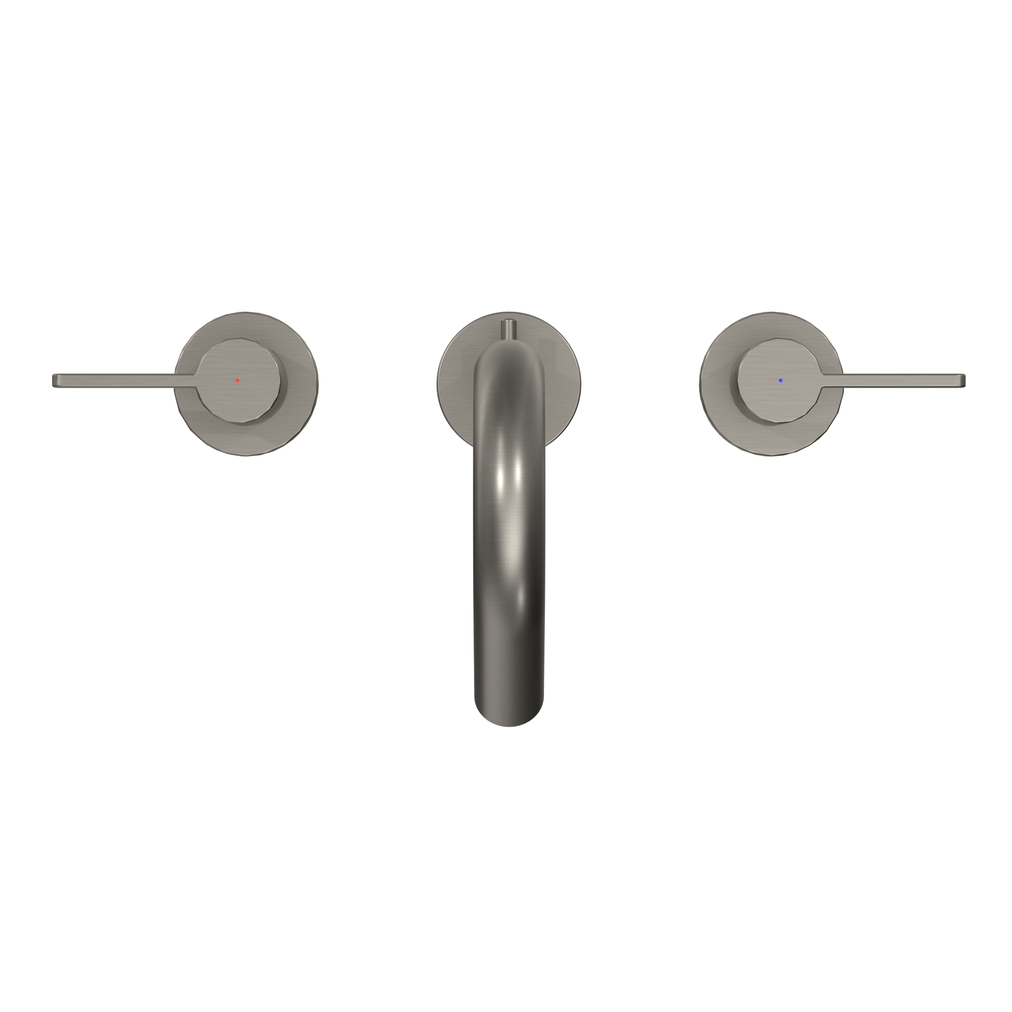 Brushed nickel widespread bathroom faucet with central curved spout and two circular lever handles on either side.