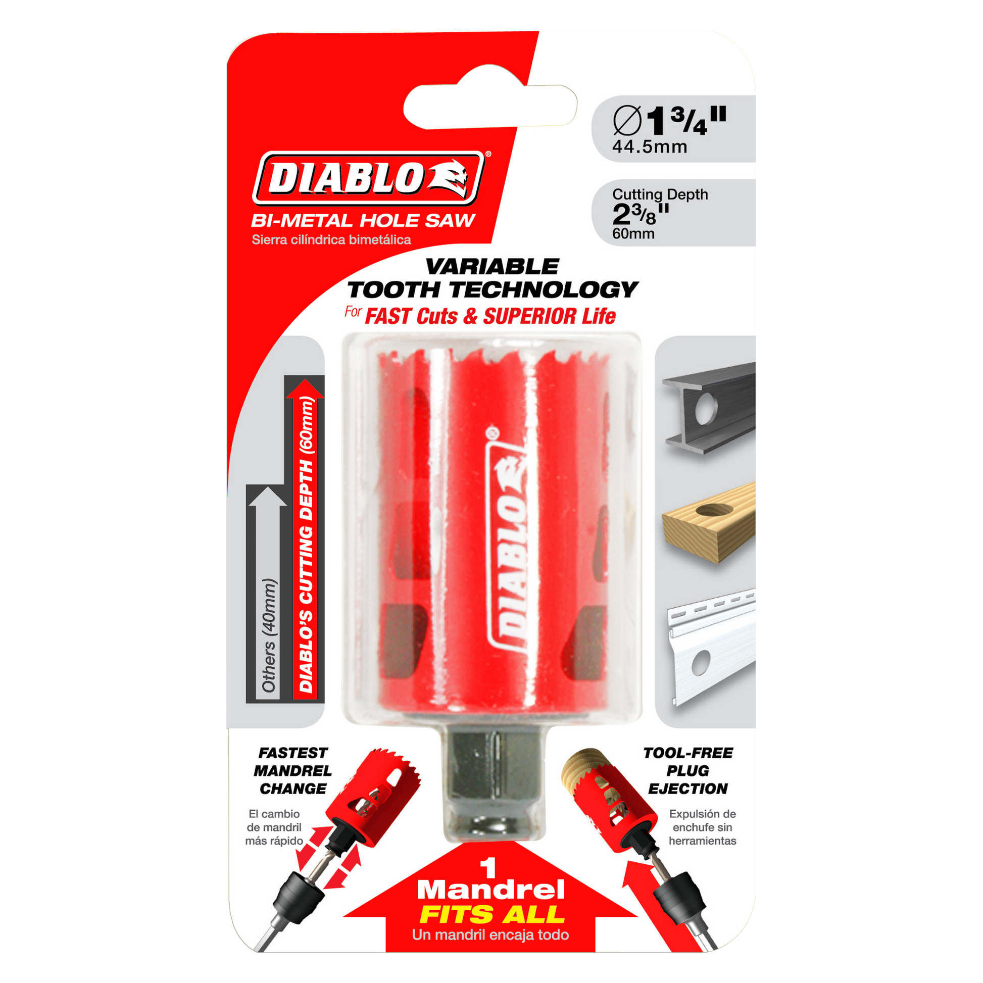 Red Diablo bi-metal hole saw, 1-3/4 inch diameter with variable tooth technology, displayed in retail packaging.