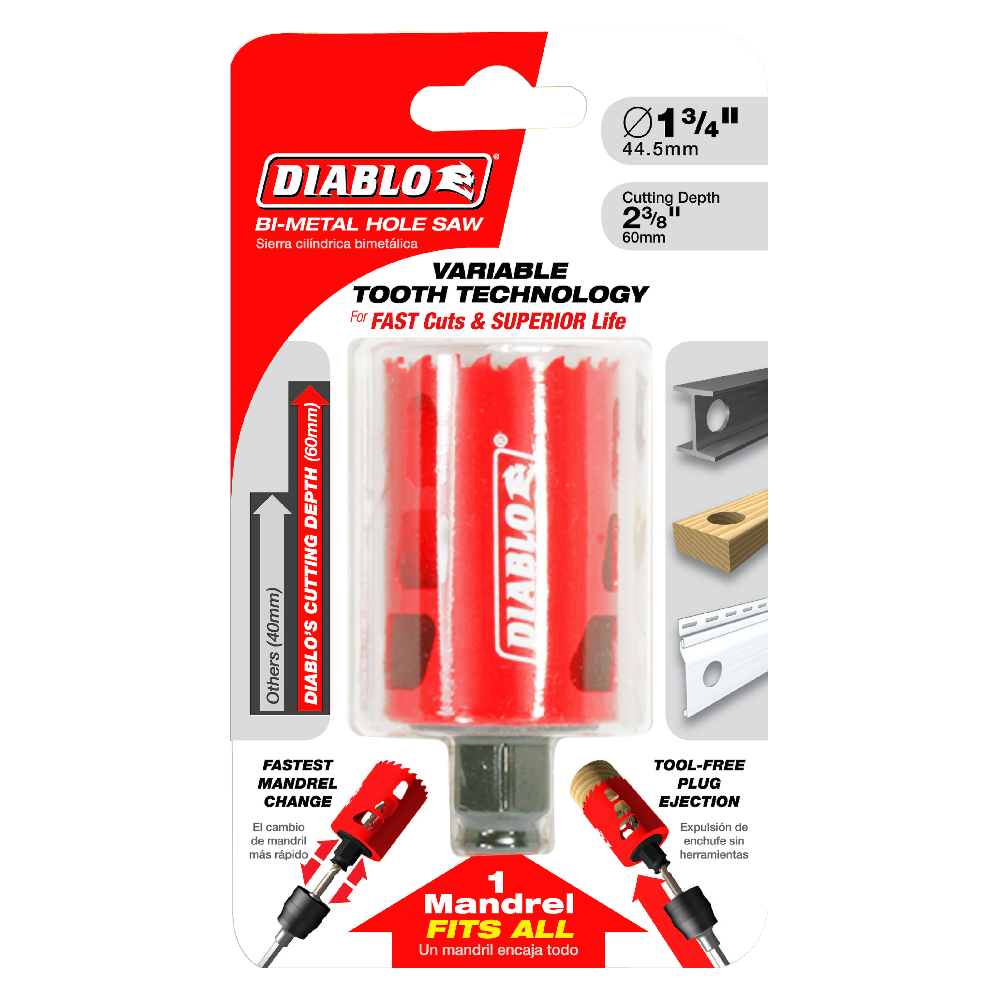 Red Diablo bi-metal hole saw, 1-3/4 inch diameter with variable tooth technology, displayed in retail packaging.