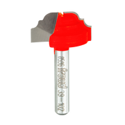 Red and silver cove and bead groove router bit with curved cutting edges and metal shank.
