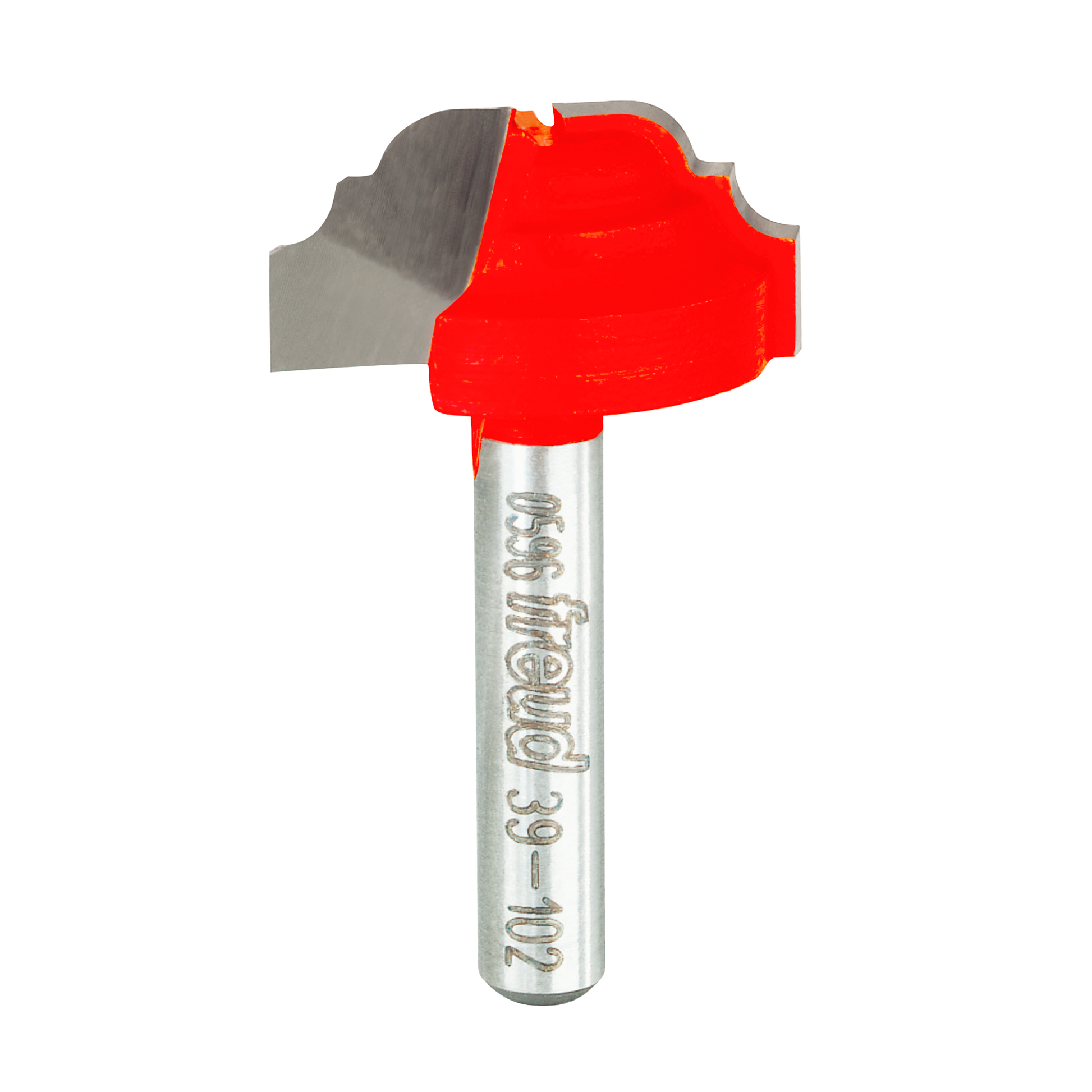 Red and silver cove and bead groove router bit with curved cutting edges and metal shank.