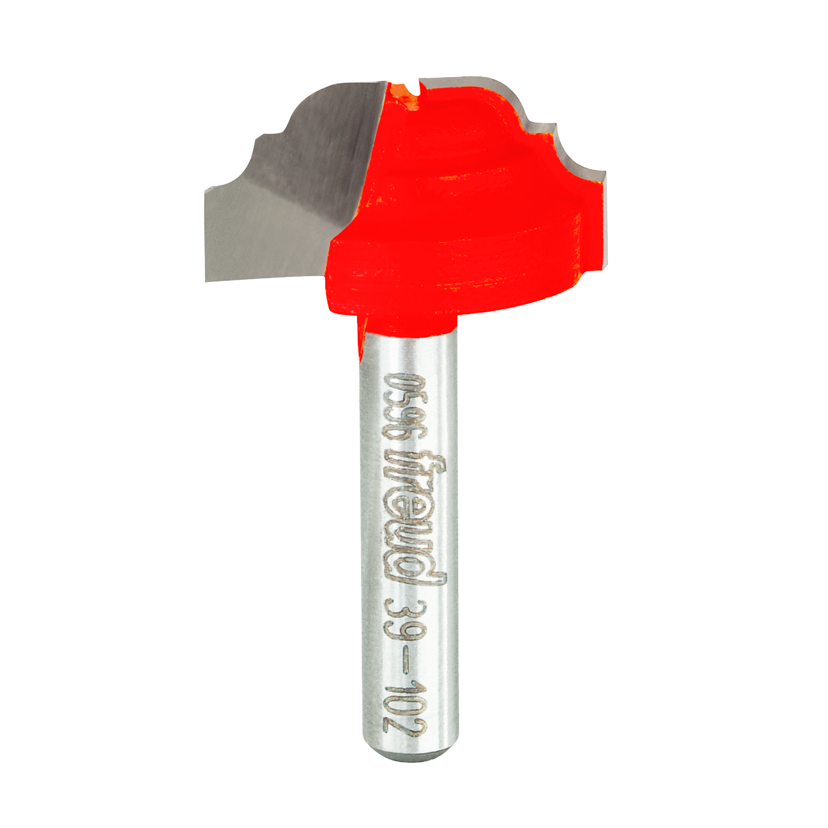 Red and silver cove and bead groove router bit with curved cutting edges and metal shank.