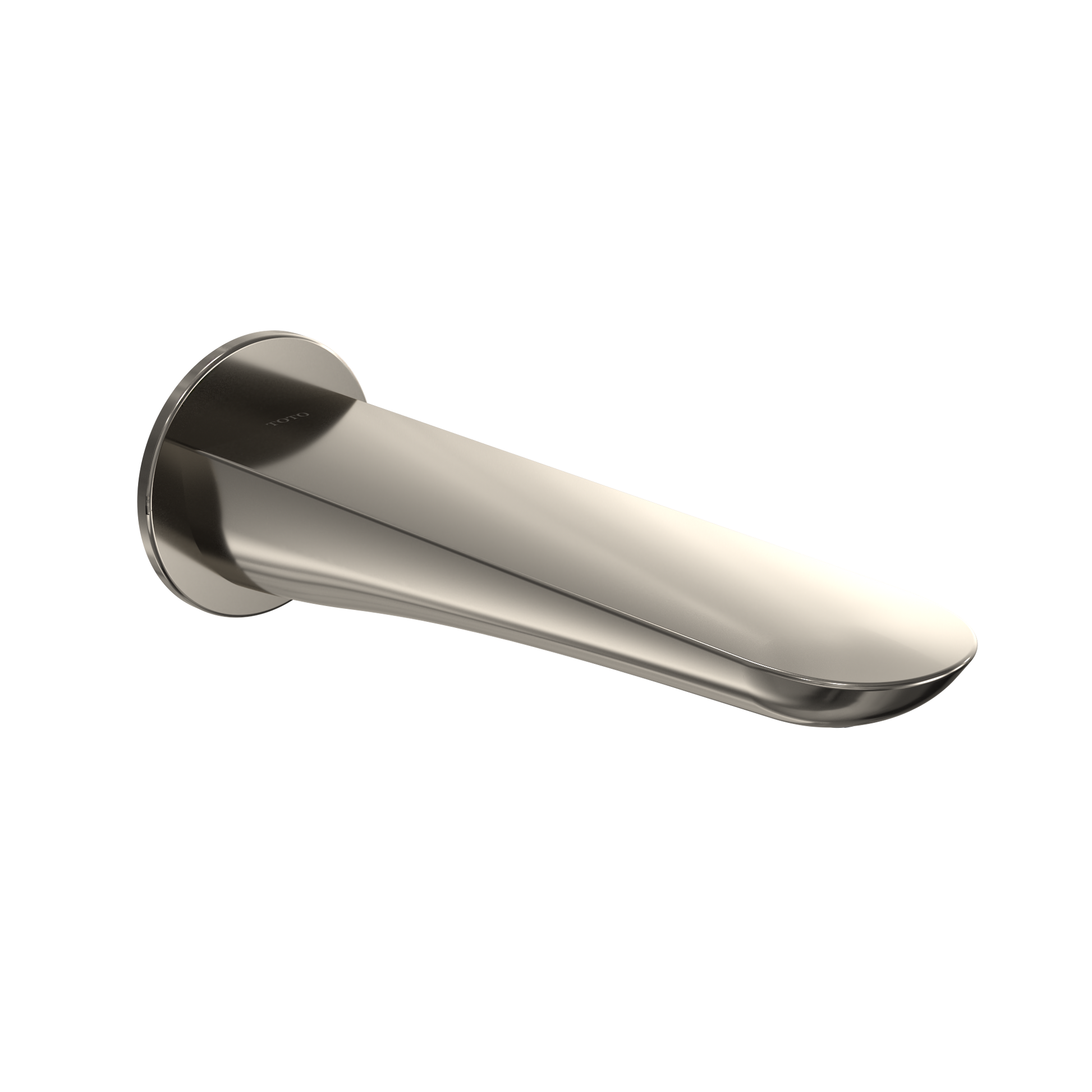 Polished nickel wall-mounted tub spout with curved tapered design and round escutcheon.