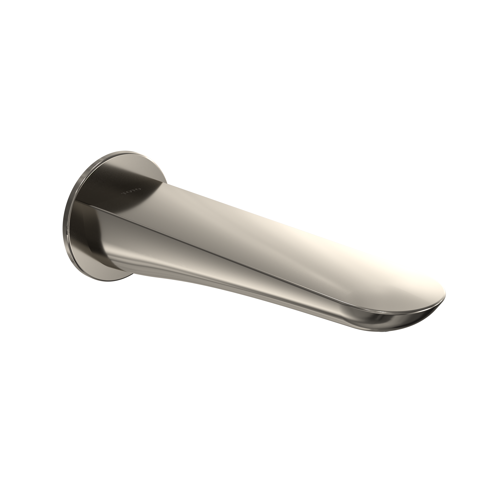 Polished nickel wall-mounted tub spout with curved tapered design and round escutcheon.
