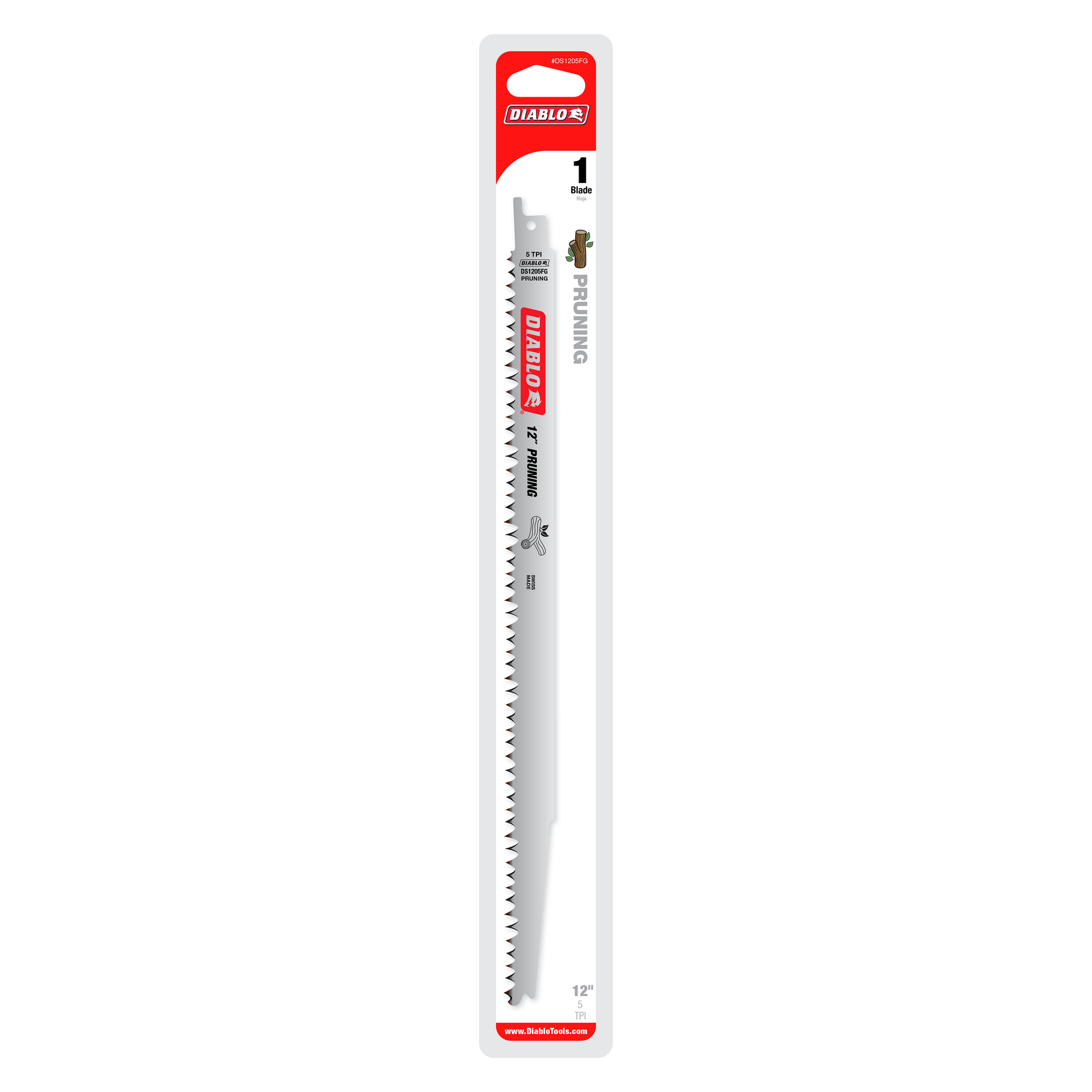 Diablo 12-inch reciprocating saw blade with fine fleam ground teeth for pruning applications.