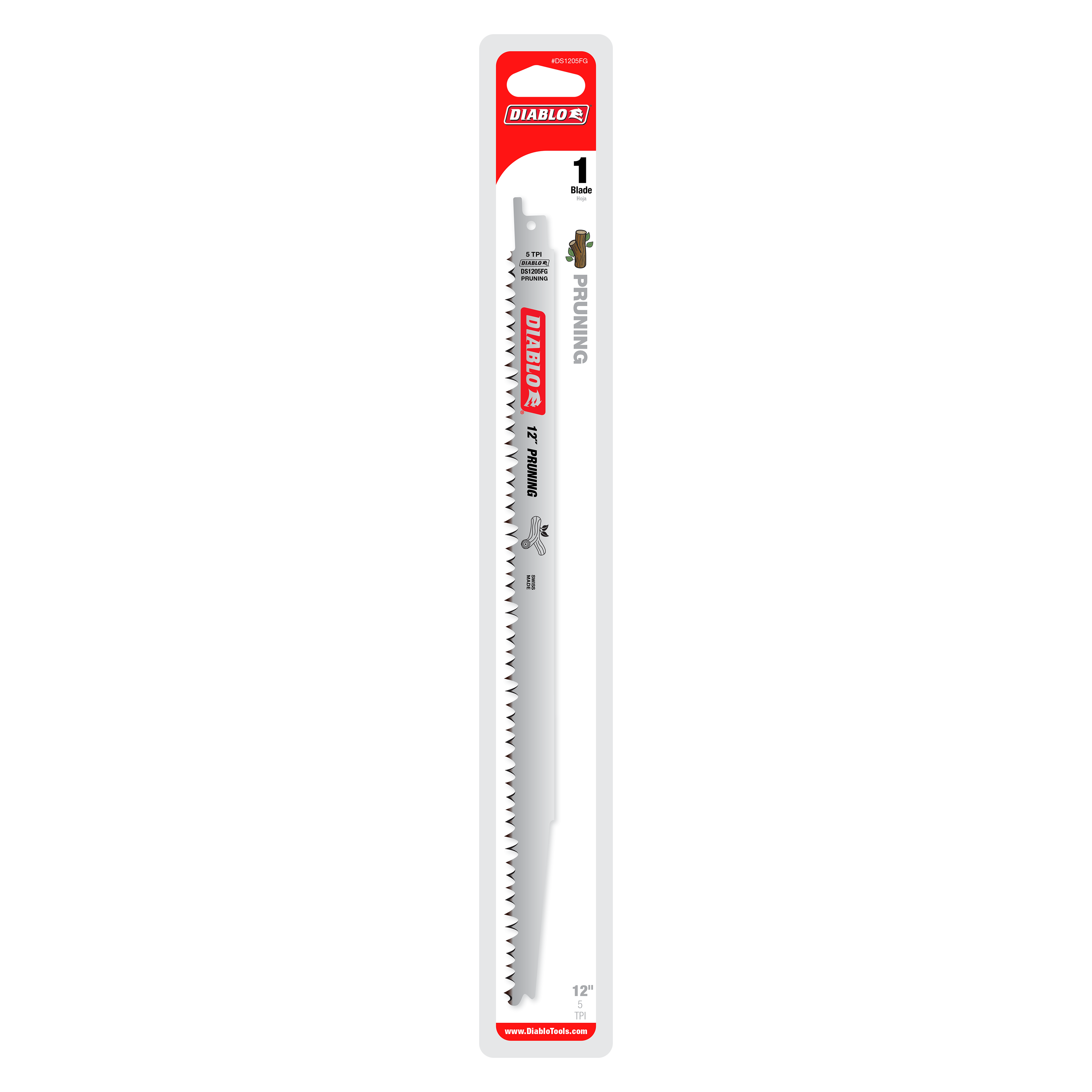 Diablo 12-inch reciprocating saw blade with fine fleam ground teeth for pruning applications.