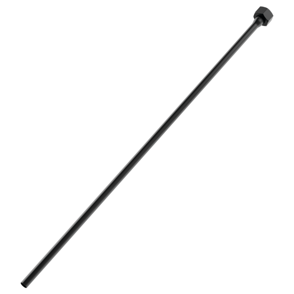 Black metal supply line with hexagonal connector fitting at one end.