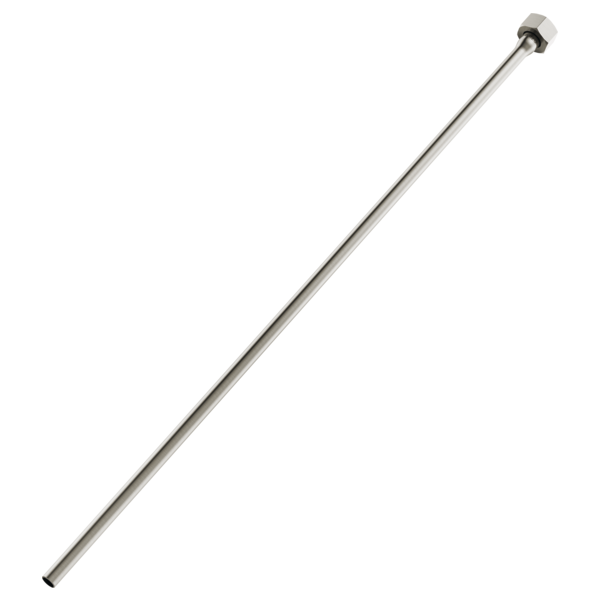 Stainless steel supply line with hexagonal connector fitting at top end.