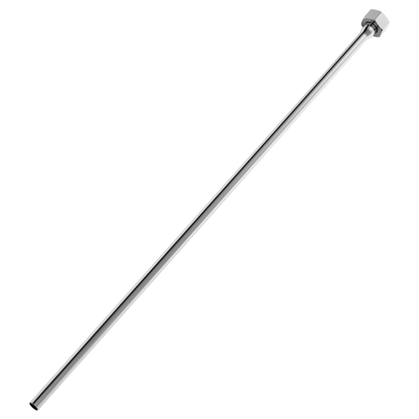 Chrome metal supply line with hexagonal connector at one end and open tube at the other.