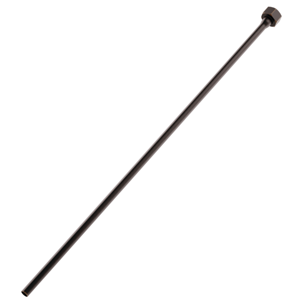 Black metal supply line with connector fitting at one end.