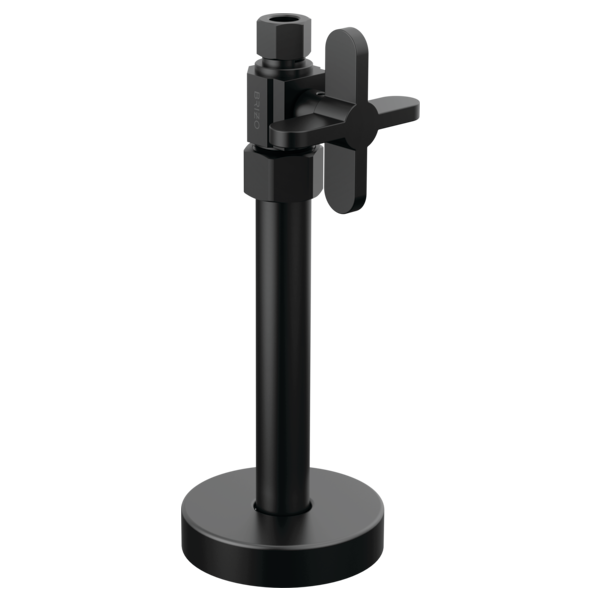 Black straight supply stop valve with cross handle and round base, mounted on vertical stem.