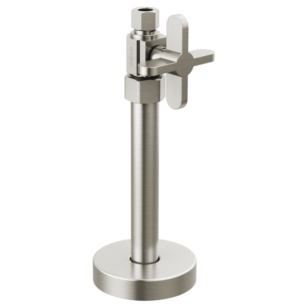 Chrome supply stop valve with cross handle and round base mount.