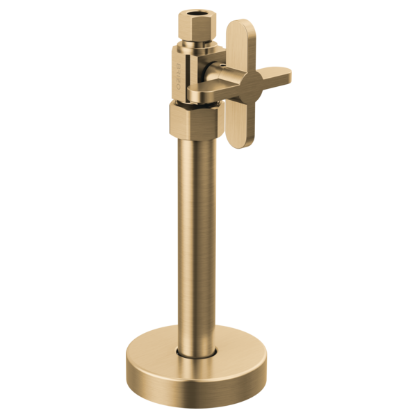 Brushed brass supply stop valve with cross handle and round base mounting.