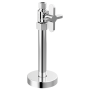 Chrome supply stop valve with cross handle on circular base and vertical inlet pipe.