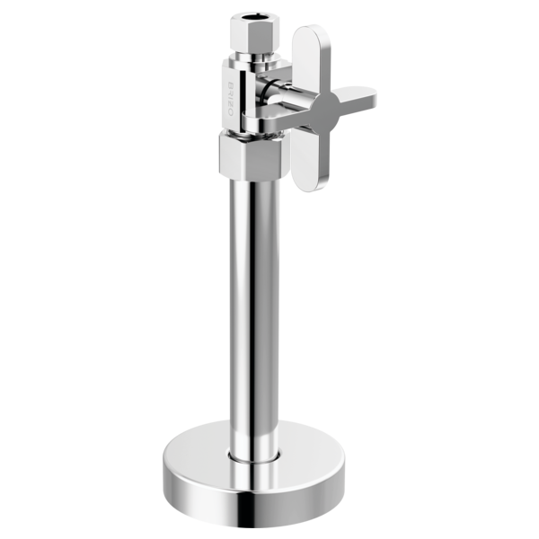 Chrome supply stop valve with cross handle on circular base and vertical inlet pipe.