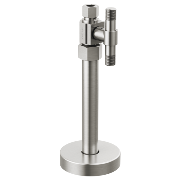 Brushed nickel straight supply stop valve with lever handle and round base.