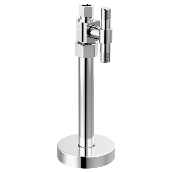 Chrome straight supply stop valve with lever handle and round base mounting plate.