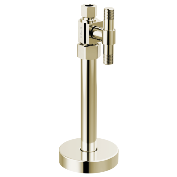 Polished brass supply stop valve with lever handle and round base on vertical stand.