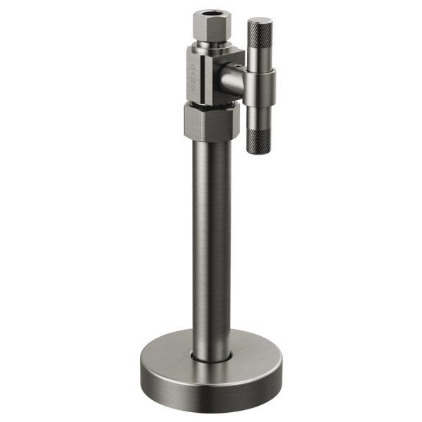 Chrome supply stop valve with lever handle and round base on vertical stem.