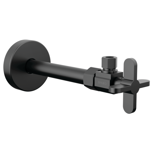 Black angled supply stop valve with cross handle, circular wall flange, and hexagonal connector outlet.