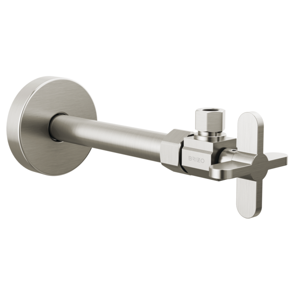 Brushed nickel angled supply stop valve with cross handle and round mounting plate.