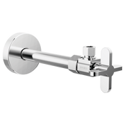 Chrome angled supply stop valve with cross handle and wall-mounted circular escutcheon plate.