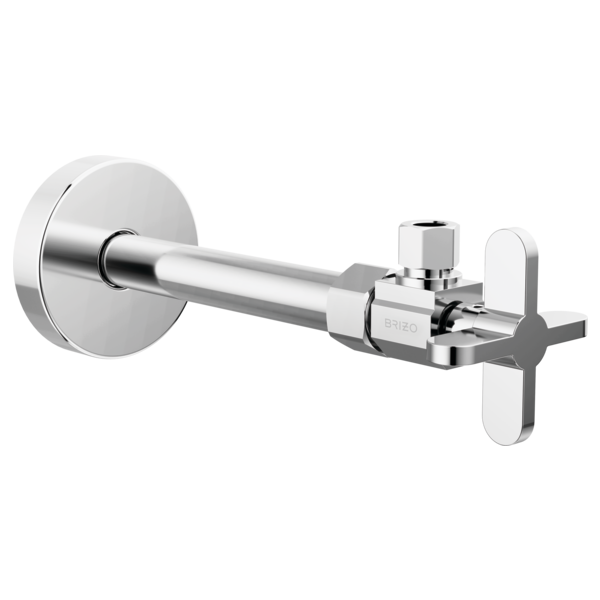 Chrome angled supply stop valve with cross handle and wall-mounted circular escutcheon plate.