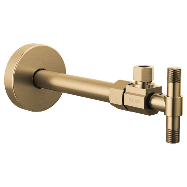 Brass angled supply stop valve with round escutcheon, straight outlet tube, and textured lever handle.
