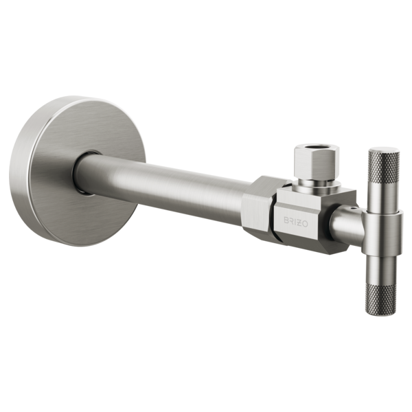 Chrome angled supply stop valve with round wall plate and lever handle for water line connection.