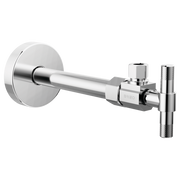 Chrome angled supply stop valve with cylindrical body, wall-mounted circular escutcheon, and lever handle on right side.