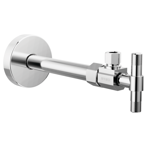 Chrome angled supply stop valve with cylindrical body, wall-mounted circular escutcheon, and lever handle on right side.
