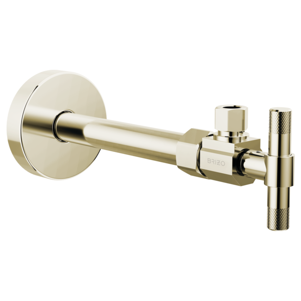 Polished nickel angled supply stop valve with round wall plate and knurled lever handle for water line shutoff.